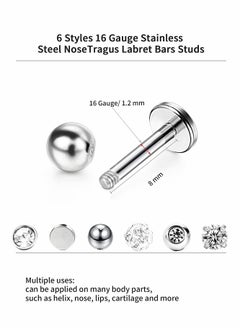 Excefore 6 Pairs Stainless Steel Nose Studs Tragus Bars Labret Bars Crystal Ball Body Piercing Jewelry, Nose Lips Piercing Assorted Design Piercing Jewelry, 6 Designs, 16 Gauge  - Image 4