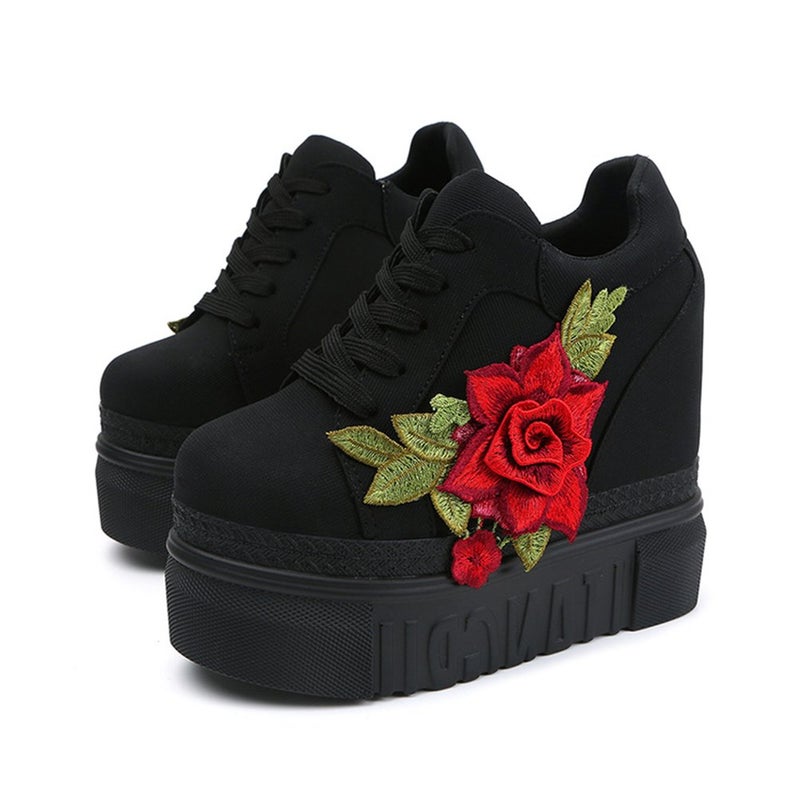 ACE SHOCK Platform Canvas Shoes Women, Hidden High with Wedges Sneakers Flower (6.5, Black) - Image 1