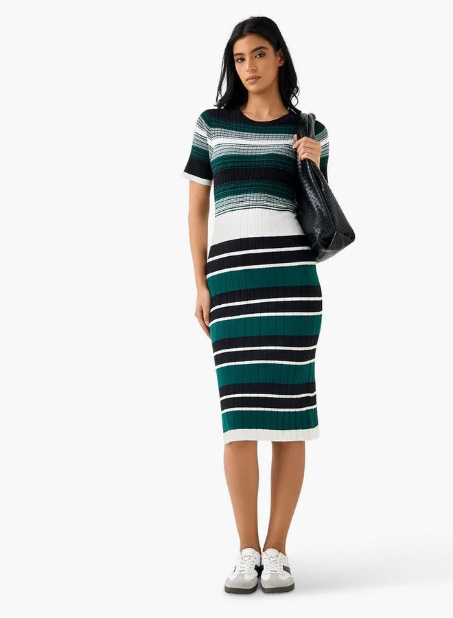 2Xtremz 2Xtremz Bodycon Midi Length Viscose Blend Dress with Stripes