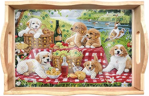 EWJRNSF Diamond Art Kits for Adults Wooden Serving Trays with Handles, 5D Diamond Painting Big Gem Arts and Craft Gifts Trays Decor Gift Home Decor 7.8x11.8 Inches Dog New - Image 1
