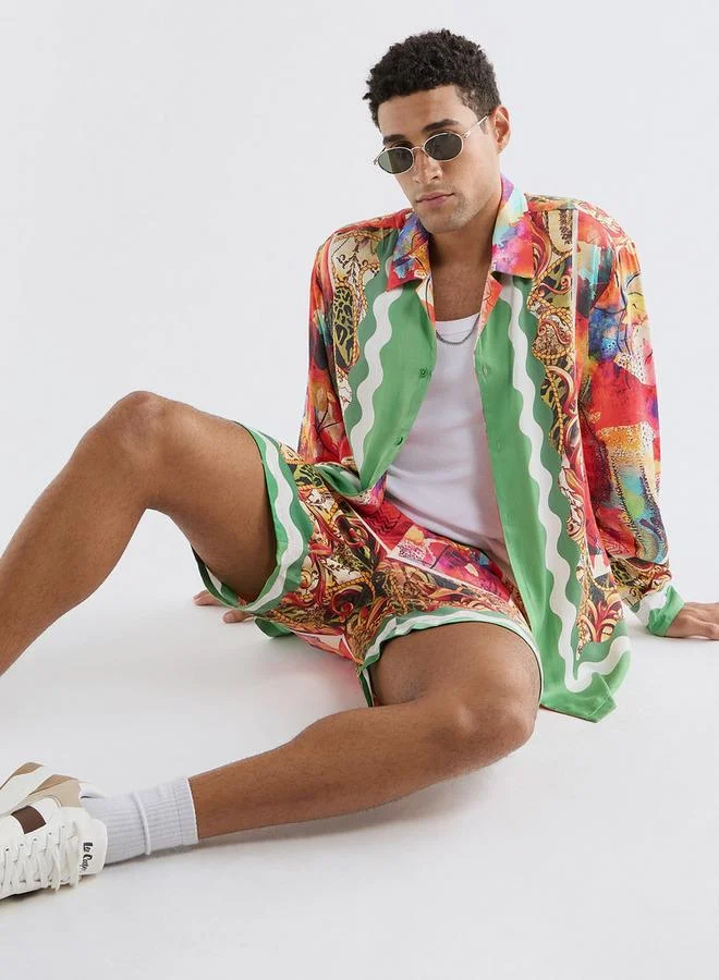 Splash FAV Regular Fit All-Over Print Shirt with Camp Collar and Long Sleeves