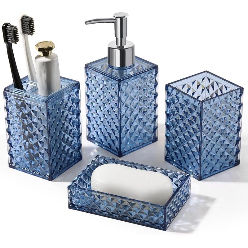 RYTOXILO Bathroom Accessories Set, 4 Pack Blue Acrylic Bath Accessory Sets Complete, Diamond Soap Dispenser and Toothbrush Holder Bathroom Counter Sink Set, Boho Modern Bathroom Decor - Image 1