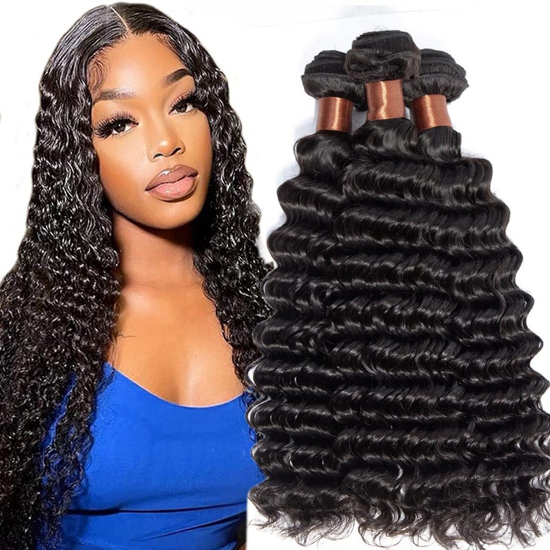 Angie Queen Hair Deep Wave 3 Bundles Brazilian Virgin Hair Deep Wave Human Hair Extensions Unprocessed Human Hair Weaves Natural Black Color Can Be Dyed and Bleached 14 16 18