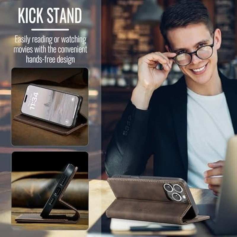 CaseMe Wallet Case for iPhone 16 Pro Max, Handmade Retro Durable Leather Magnetic Closure Flip Anti-Fall Shockproof Case with Kickstand and Card Slots for iPhone 16 Pro Max (Brown1) - Image 5