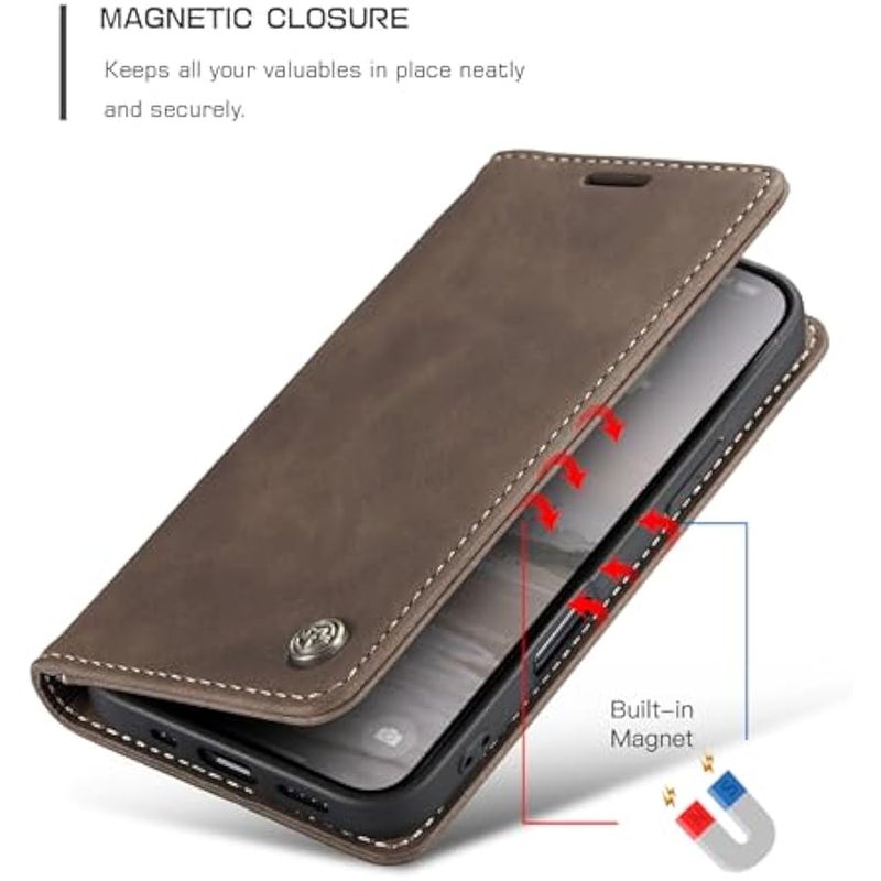 CaseMe Wallet Case for iPhone 16 Pro Max, Handmade Retro Durable Leather Magnetic Closure Flip Anti-Fall Shockproof Case with Kickstand and Card Slots for iPhone 16 Pro Max (Brown1) - Image 4