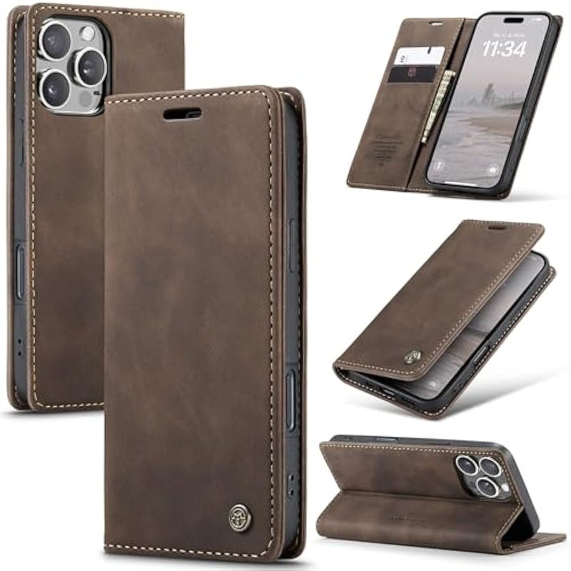 CaseMe Wallet Case for iPhone 16 Pro Max, Handmade Retro Durable Leather Magnetic Closure Flip Anti-Fall Shockproof Case with Kickstand and Card Slots for iPhone 16 Pro Max (Brown1) - Image 1