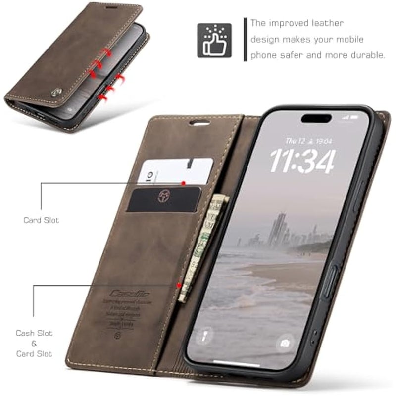 CaseMe Wallet Case for iPhone 16 Pro Max, Handmade Retro Durable Leather Magnetic Closure Flip Anti-Fall Shockproof Case with Kickstand and Card Slots for iPhone 16 Pro Max (Brown1) - Image 2