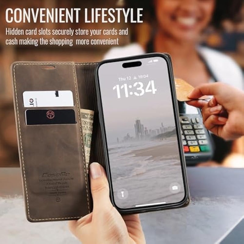 CaseMe Wallet Case for iPhone 16 Pro Max, Handmade Retro Durable Leather Magnetic Closure Flip Anti-Fall Shockproof Case with Kickstand and Card Slots for iPhone 16 Pro Max (Brown1) - Image 3