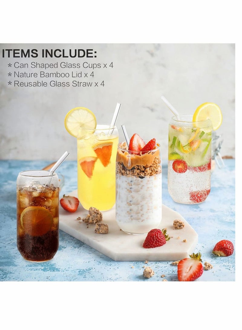 سيوسي Can على شكل أكواب زجاجية مع قش زجاجي وأغطية الخيزران ، 4 أجزاء من كوب مائي كوب شرب كوب شرب مع قش للماء وشراب مختلط لأي مشروب وأي مناسبة (500 مل) - Image 2