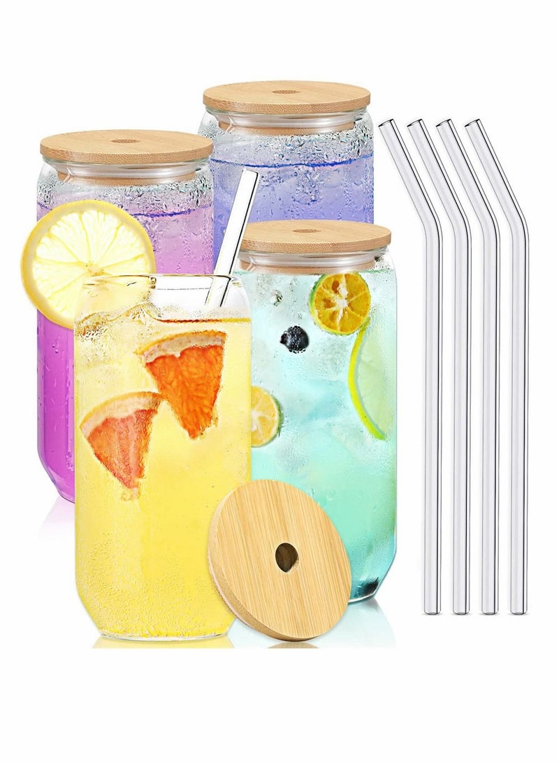 سيوسي Can على شكل أكواب زجاجية مع قش زجاجي وأغطية الخيزران ، 4 أجزاء من كوب مائي كوب شرب كوب شرب مع قش للماء وشراب مختلط لأي مشروب وأي مناسبة (500 مل) - Image 1