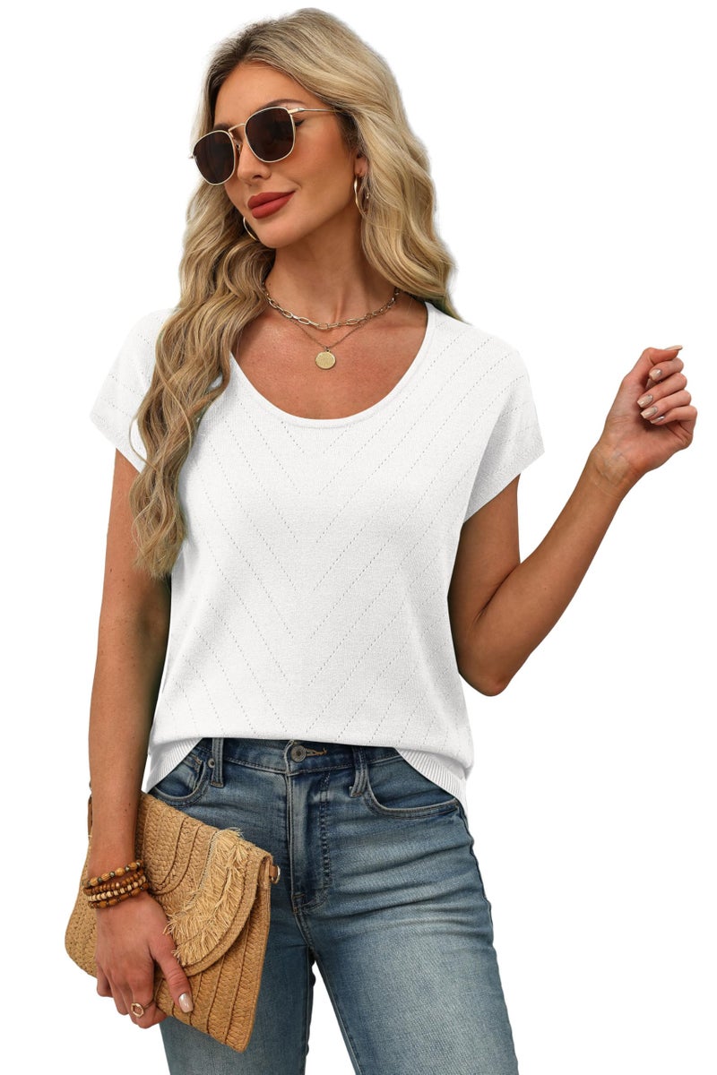 WIHOLL Womens Summer Tops Trendy Casual Cap Short Sleeve Sweater Beach Vacation Clothes Travel Outfits 2026 Casual Scoop Neck T Shirts Soft Cute Spring Tops Tshirts Shirts for Women White L - Image 3