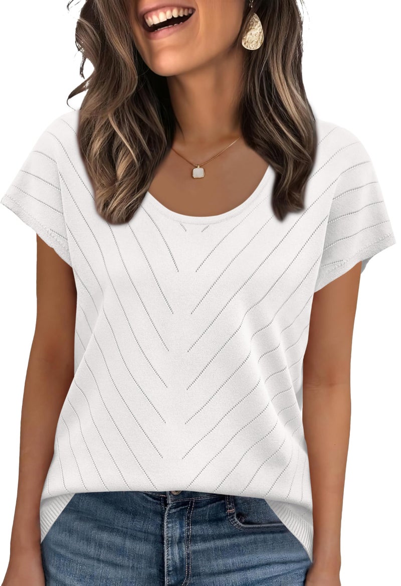 WIHOLL Womens Summer Tops Trendy Casual Cap Short Sleeve Sweater Beach Vacation Clothes Travel Outfits 2026 Casual Scoop Neck T Shirts Soft Cute Spring Tops Tshirts Shirts for Women White L - Image 1