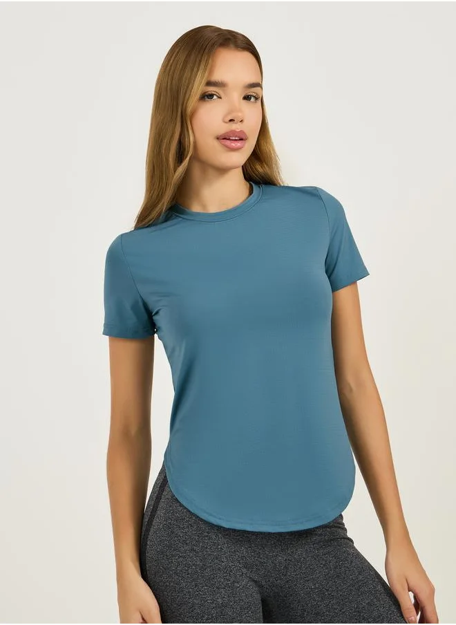 Styli Thin Dual Back Mesh Detail Curved Hem Textured Top