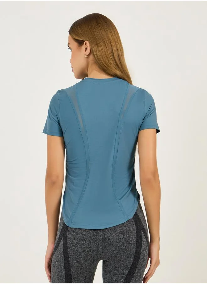 Styli Thin Dual Back Mesh Detail Curved Hem Textured Top