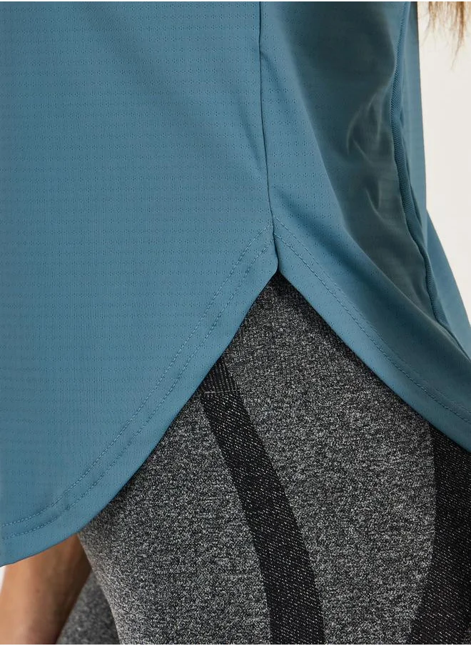 Styli Thin Dual Back Mesh Detail Curved Hem Textured Top