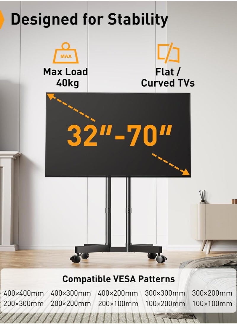 ماركة غير محددة - حامل تلفزيون قابل للدحرجة لأجهزة تلفزيون بلازما/LCD/LED مقاس 32-70 بوصة، ارتفاع حامل التلفزيون قابل للتعديل مع إمالة من -15 درجة إلى +5 درجات، حامل تلفزيون بعجلات حتى 40 كجم، أقصى حد VESA 400 × 400 مم - Image 1