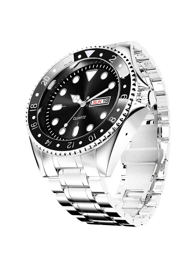 Shocknshop - Shocknshop Analog Black Dial Stainless Steel Chain Day and Date Functional Wrist Watch for Men Boys (Black Dial and Silver Strap) -WCH73 - Image 1
