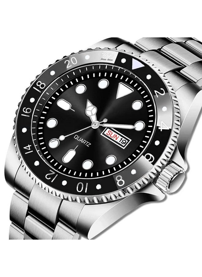Shocknshop - Shocknshop Analog Black Dial Stainless Steel Chain Day and Date Functional Wrist Watch for Men Boys (Black Dial and Silver Strap) -WCH73 - Image 1