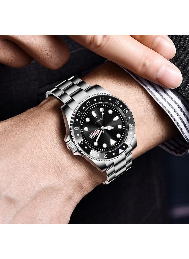 Shocknshop - Shocknshop Analog Black Dial Stainless Steel Chain Day and Date Functional Wrist Watch for Men Boys (Black Dial and Silver Strap) -WCH73 - Image 1