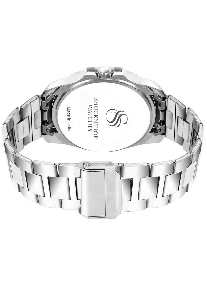 Shocknshop - Shocknshop Analog Black Dial Stainless Steel Chain Day and Date Functional Wrist Watch for Men Boys (Black Dial and Silver Strap) -WCH73 - Image 1