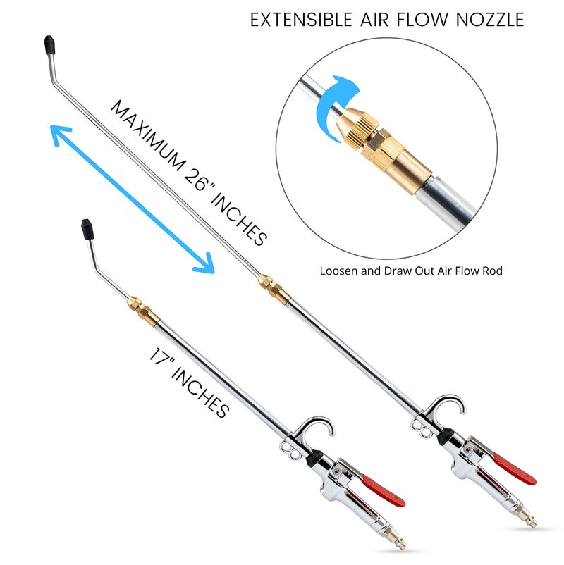 NEIKO 31122A High Flow Air Blow Gun, 17-26 Inch Extensible Air Nozzle Blow Gun, Pneumatic Air Compressor Accessories, Blow Gun Air Tool, Operating Pressure 80-120 PSI, 360 Degree Swivel Hook - Image 3