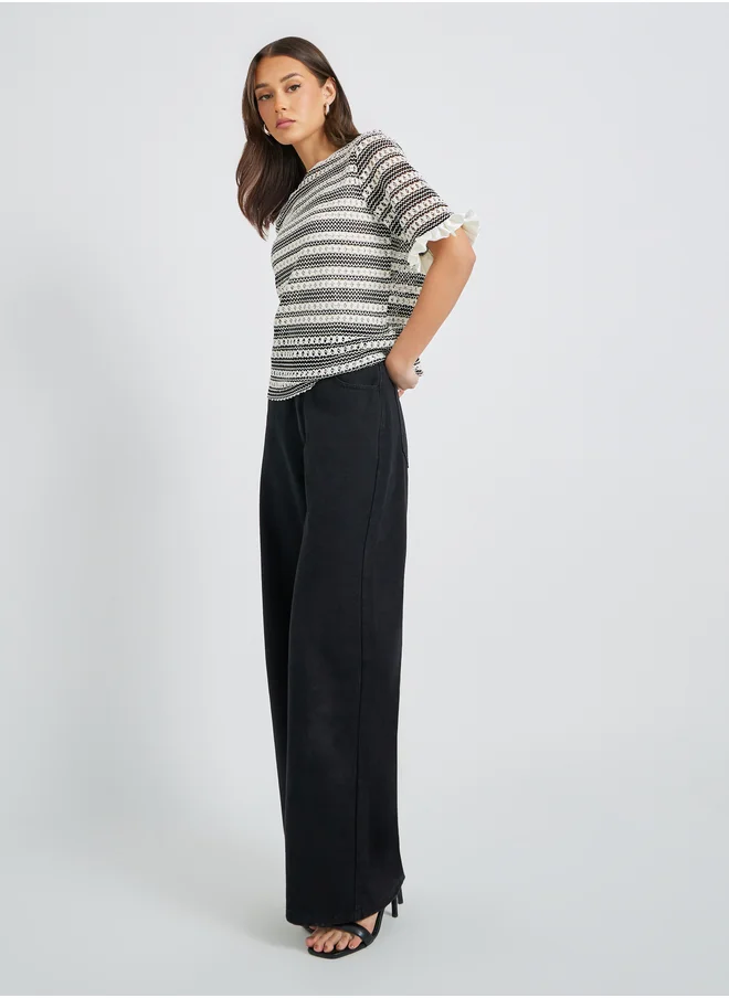 Styli Styli Ruffled Edge Sleeve Round Neck Regular Fit T-Shirt