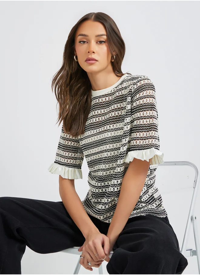 Styli Styli Ruffled Edge Sleeve Round Neck Regular Fit T-Shirt