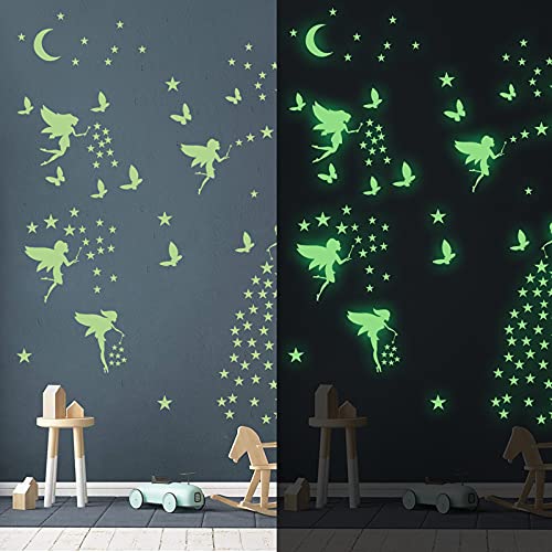 Robmoda Glow in The Dark Fairy Wall Decals, Luminous Fairies Wall Stickers Bedroom Ceiling Decoration, Butterfly and Star Room Decor for Girls Kids Princess - Image 4