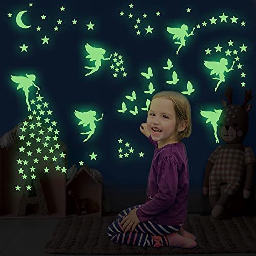 Robmoda Glow in The Dark Fairy Wall Decals, Luminous Fairies Wall Stickers Bedroom Ceiling Decoration, Butterfly and Star Room Decor for Girls Kids Princess - Image 2