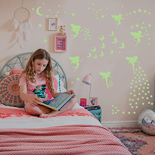 Robmoda Glow in The Dark Fairy Wall Decals, Luminous Fairies Wall Stickers Bedroom Ceiling Decoration, Butterfly and Star Room Decor for Girls Kids Princess - Image 3