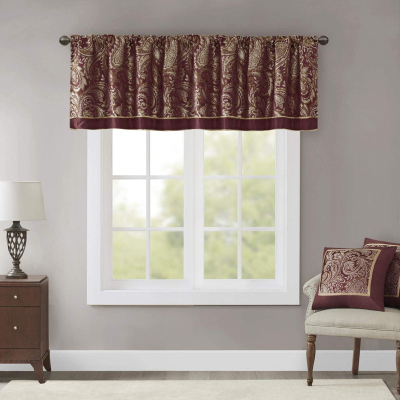 madison park Madison Park Aubrey Faux Silk Paisley Jacquard Rod Pocket Curtain for Living Room Kitchen Bedroom and Dorm 50 in x 18 in Burgundy