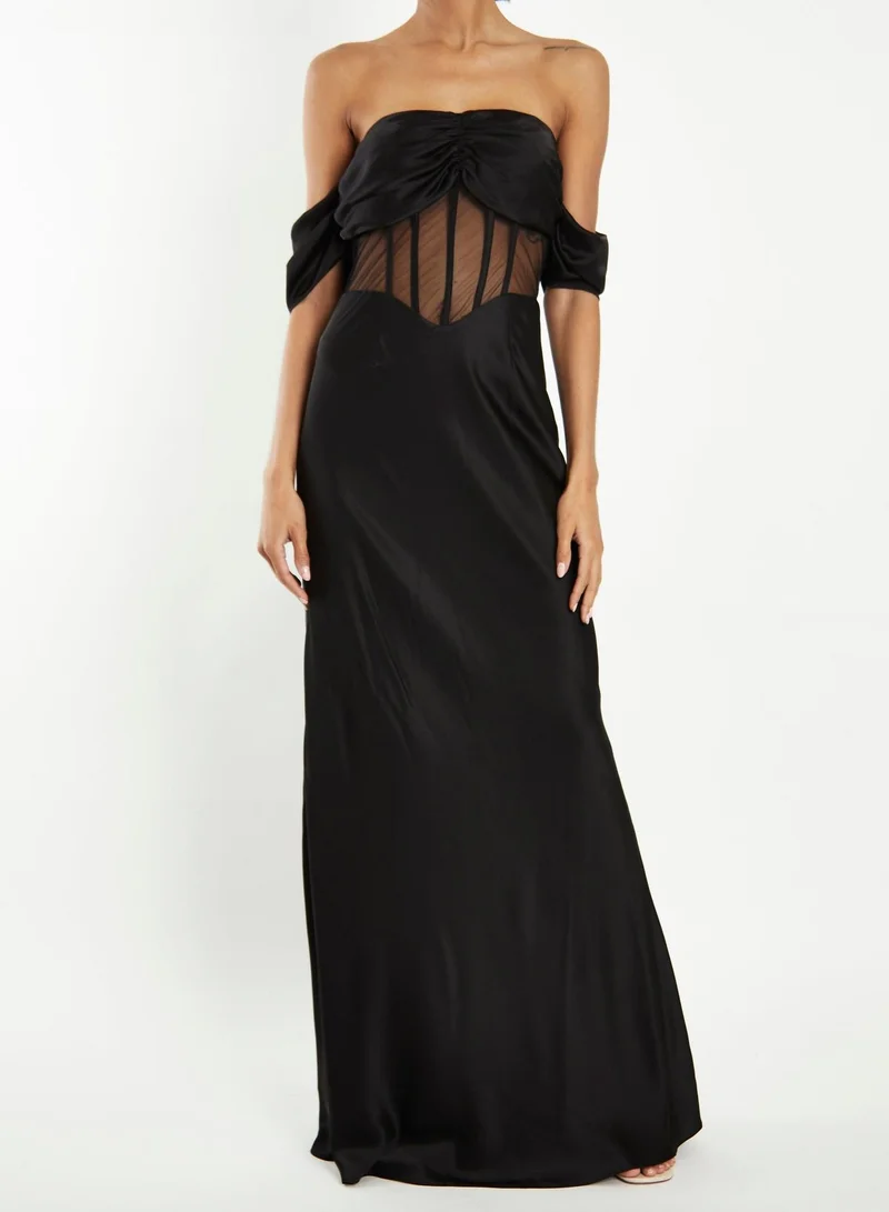 True Decadence Agnes Black Satin Corset Sheer Maxi-Dress