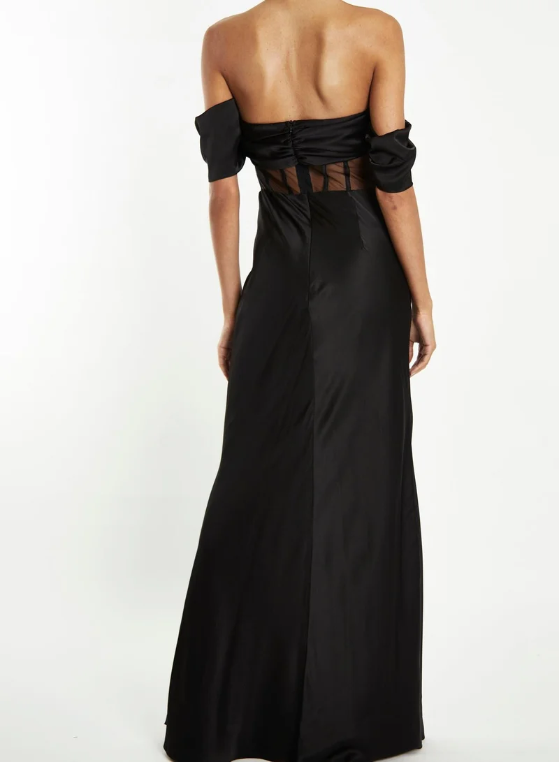 True Decadence Agnes Black Satin Corset Sheer Maxi-Dress