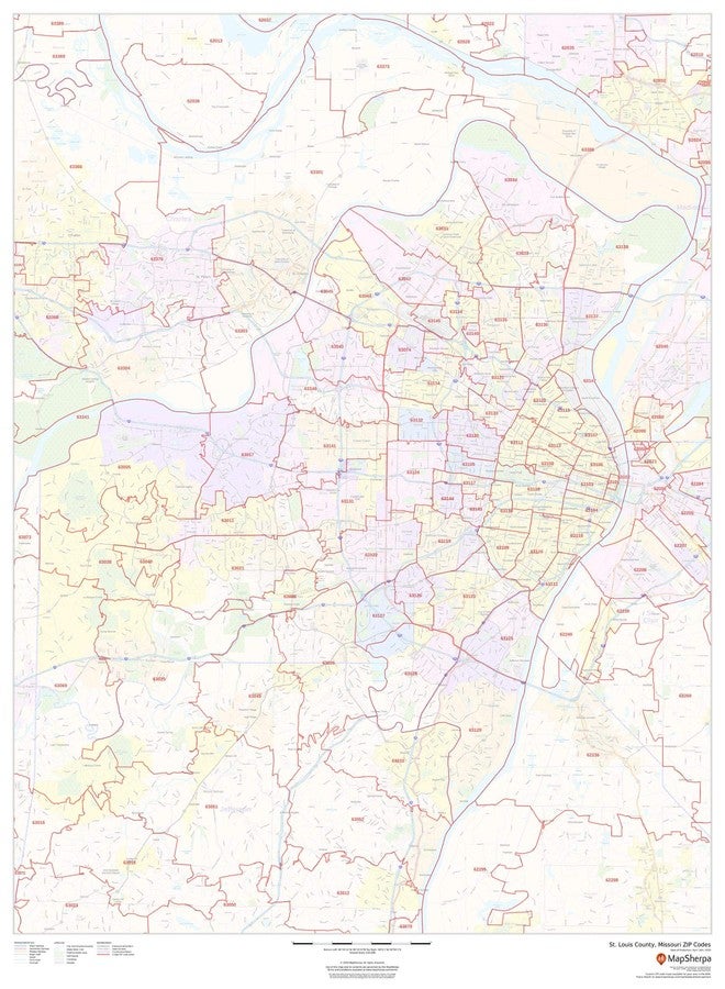MapSherpa خريطة جدارية مغلفة بمقاس 36 × 48 بوصة، تتضمن الرموز البريدية لمقاطعة سانت لويس، ميزوري. - Image 1