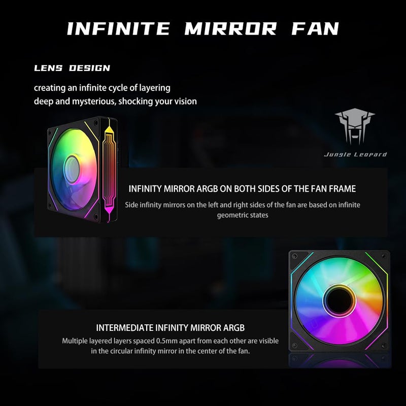 Jungle Leopard Prism4 Pro 120mm PC Blade ARGB Case Fans,Infinity Mirror RGB Light Effect 5V 3PIN Motherboard Light Sync 800~1800RPM PWM PC Fan(Black Reverse) - Image 2