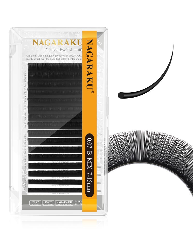 NAGARAKU Eyelash Extensions Individual Lashes 007mm B curl 715mm Mix Tray Classic Matte Black Soft Natural Faux Mink 16 rows
