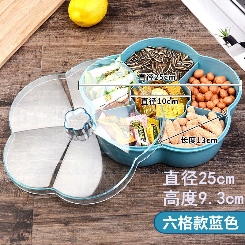 Household creative candy box multi-grid nut box plastic sealed fruit plate with lid modern living room coffee table dried fruit box Blue 