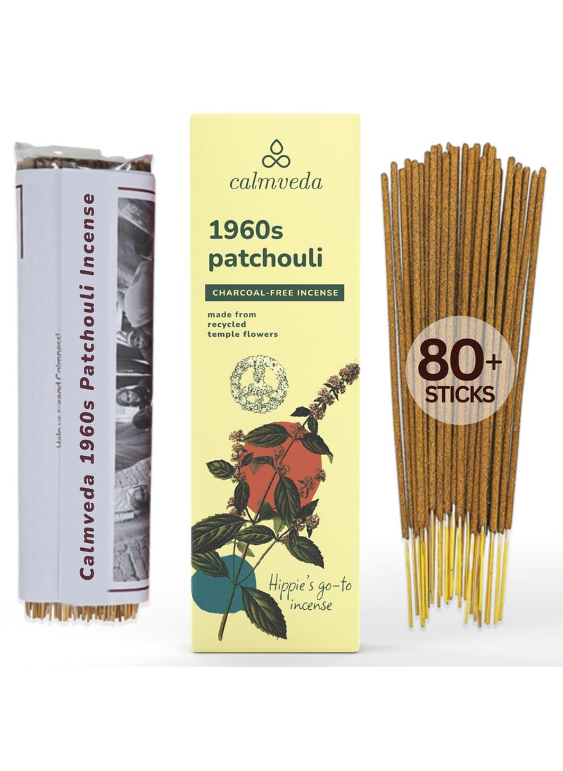 Calmveda 1960s Patchouli Incense Sticks Pack  80 Sticks Charcoal Free Incense Made from Upcycled Flowers  Organic Incense Sticks Non Toxic  Relaxation Pachouli Incense for Calming 