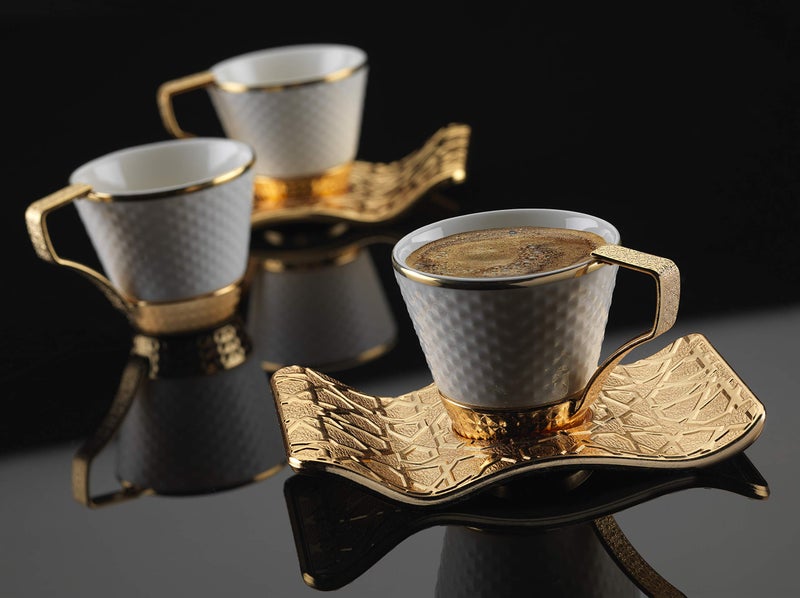 DEMMEX Turkish Greek Arabic Bosnian Coffee & Espresso Cup Set for 6 – 18 Pcs, Porcelain Demitasse Cups (2.6 Oz/80ml) with Gold Metal Holders & Saucers – Ottoman Chic Elegance, White & Gold - Image 3