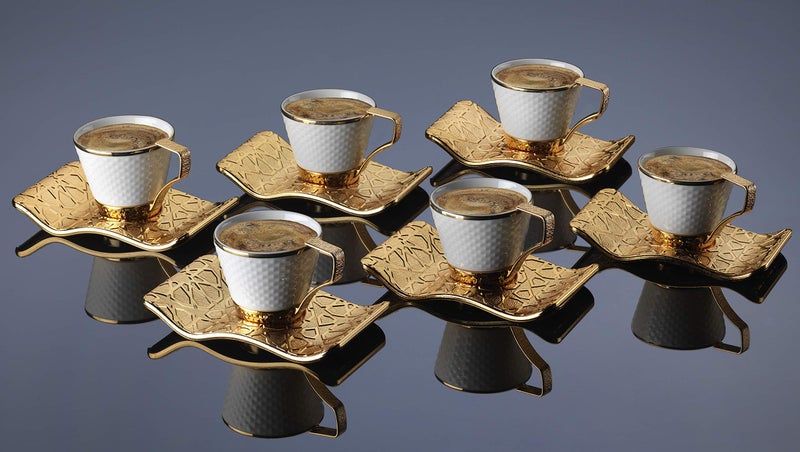 DEMMEX Turkish Greek Arabic Bosnian Coffee & Espresso Cup Set for 6 – 18 Pcs, Porcelain Demitasse Cups (2.6 Oz/80ml) with Gold Metal Holders & Saucers – Ottoman Chic Elegance, White & Gold - Image 4