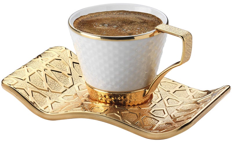 DEMMEX Turkish Greek Arabic Bosnian Coffee & Espresso Cup Set for 6 – 18 Pcs, Porcelain Demitasse Cups (2.6 Oz/80ml) with Gold Metal Holders & Saucers – Ottoman Chic Elegance, White & Gold - Image 2