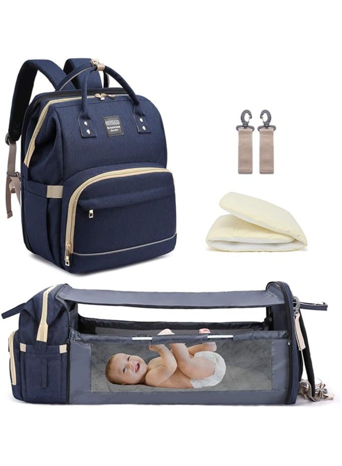 LEQUEEN Diaper Bag Backpack with Travel Bed, Foldable Baby Bed for Toddlers, 3 in 1 Diaper Changing Bag, Baby Travel Bag with Bassinet, Blue - Image 1