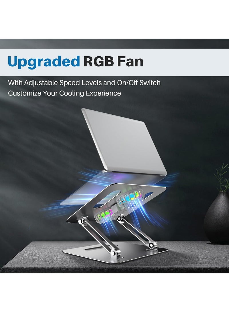 حامل تبريد لابتوب من سبائك الألمنيوم مع 2 مروحة هادئة وإضاءة RGB، قابل للتعديل في الارتفاع وقابل للطي بتصميم مريح لماك بوك، لينوفو، أسوس، ديل 10-16 بوصة، مثالي للألعاب، دي جي، المكتب - رمادي - Image 2