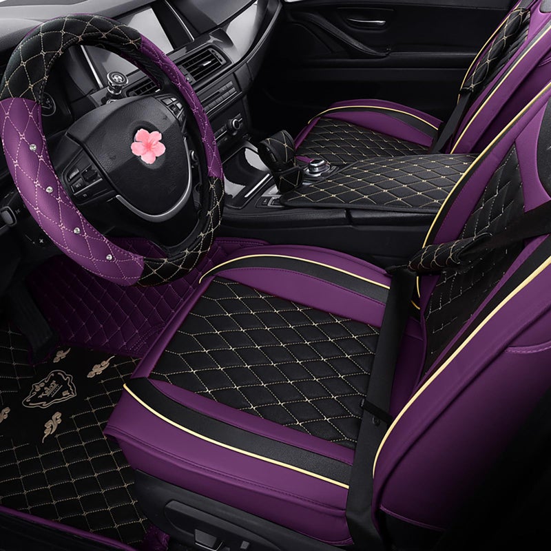 SanQing Car Seat Covers Full Set, Super Luxurious Heavy Universal Duty Waterproof Leather Automotive Vehicle Cover for Cars SUV Pick-up Truck, Non-Slip Seat Purple Car Accessories(Full Set/Purple) - Image 2