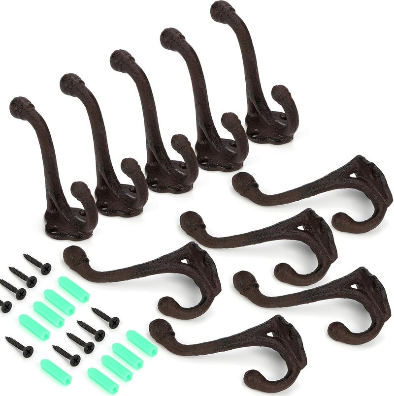 10 Pack Vintage Cast Iron Coat Hooks Rustic Wall Mounted Double Hooks - Image 3