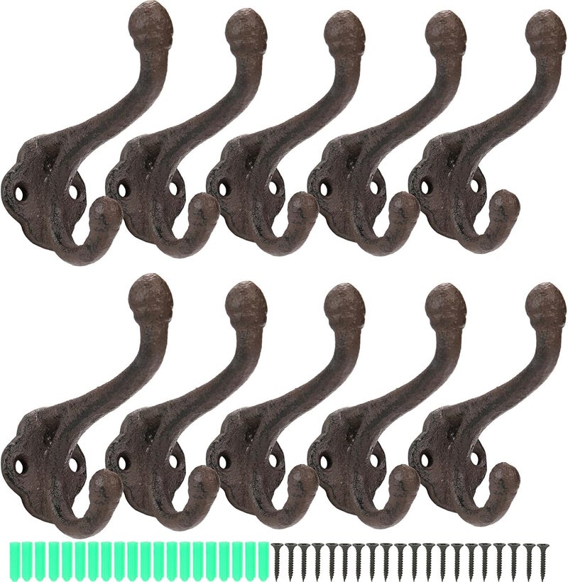 10 Pack Vintage Cast Iron Coat Hooks Rustic Wall Mounted Double Hooks - Image 1