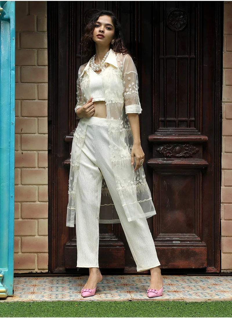 QISSA Women's Powder White Applique Flora Co-Ord Set