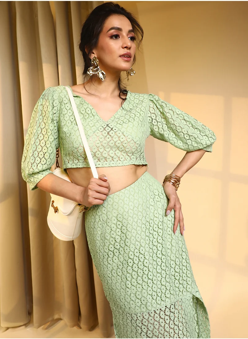 QISSA Women's Powder White Applique Flora Co-Ord Set