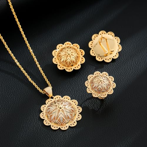 Ethlyn Gold Plated Ethiopian Jewelry Sets for Women Copper Material Habesha Pendant Earrings Ring Jewelry - Image 4