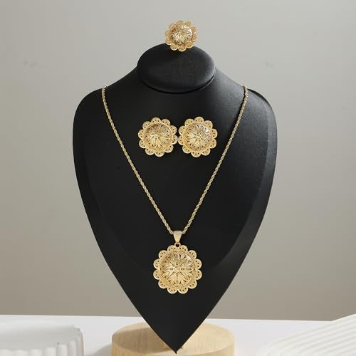 Ethlyn Gold Plated Ethiopian Jewelry Sets for Women Copper Material Habesha Pendant Earrings Ring Jewelry - Image 3
